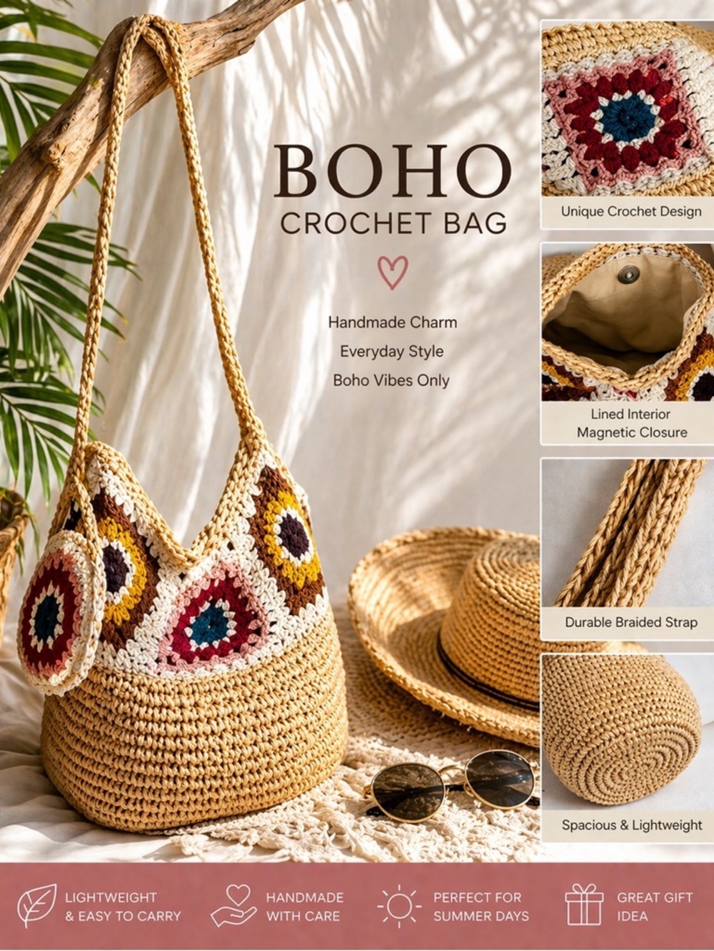 Zara Boho Crochet Straw WovenBag Granny Square Patchwork Festival Coastal Hippie